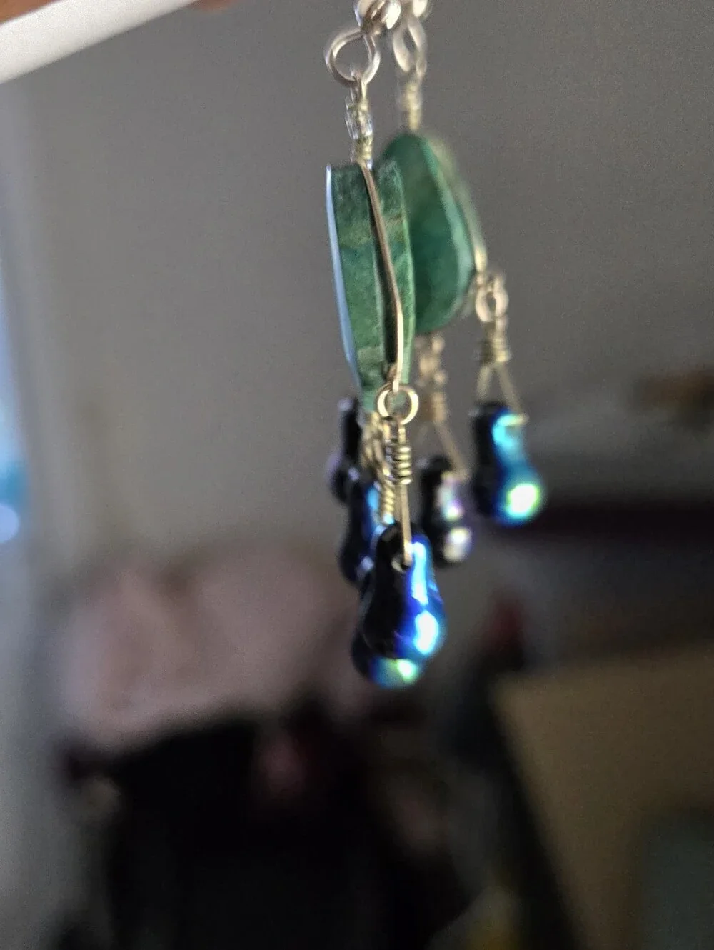 Vintage Turquoise Teardrop Dangle Earrings with Iridescent Black Beads
